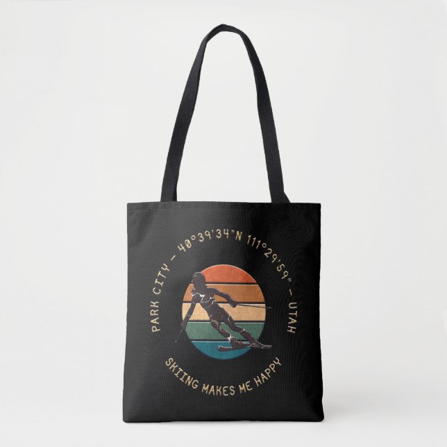 Ski Park City, Utah - Woman Skier, Golden Text Tote Bag (Front)