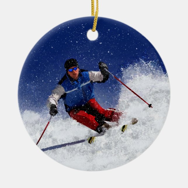 Ski Racing Down the Mountain Ceramic Tree Decoration (Front)