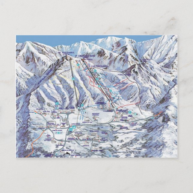 Ski resort, Romania, Piana Brasov, resort map Postcard (Front)