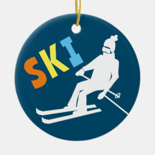 Ski Retro Skier Winter Blue White Ceramic Tree Decoration
