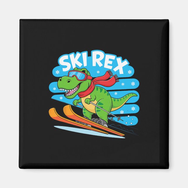 Ski Rex Funny Skiing Dinosaur Winter Sports Design Magnet (Front)