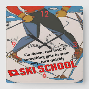 Ski School Funny Square Wall Clock