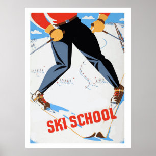 Ski school, man on ski, vintage travel poster