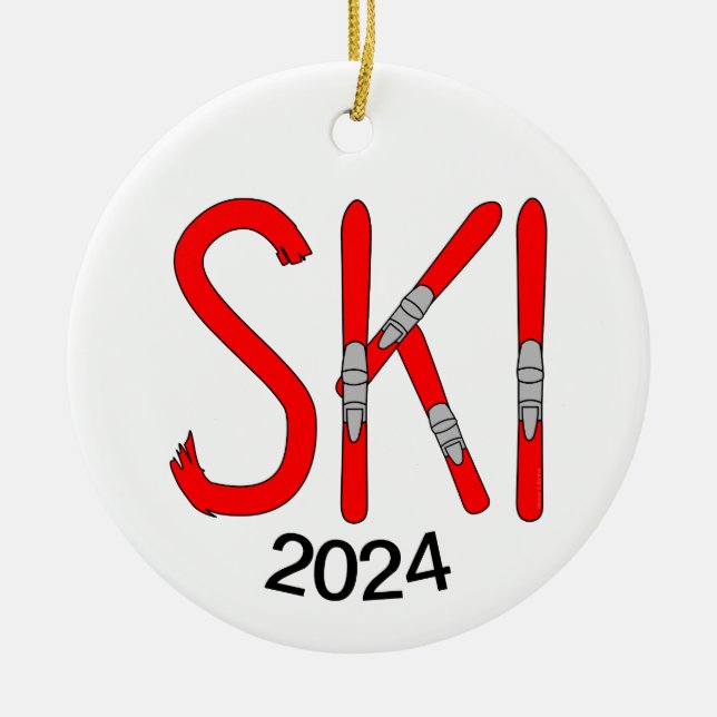 Ski Skis Ceramic Tree Decoration (Front)
