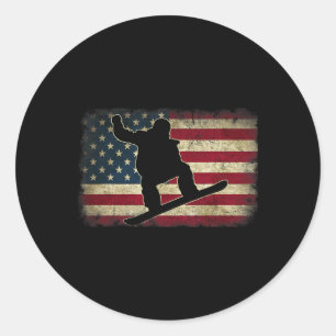 Ski Snowboard Snowboarder American Usa Flag Vintag Classic Round Sticker