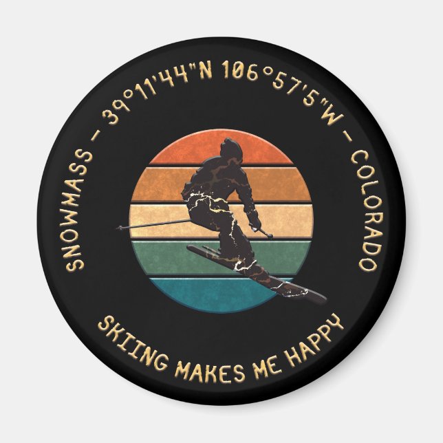 Ski Snowmass, Colorado - Man Skier, Yellow Text Magnet (Front)