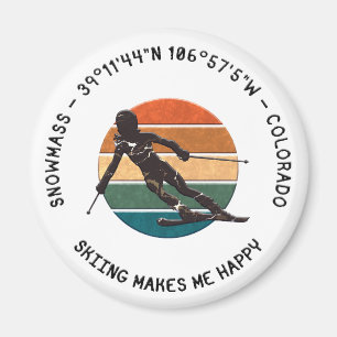 Ski Snowmass, Colorado - Woman Skier, Black Text Magnet