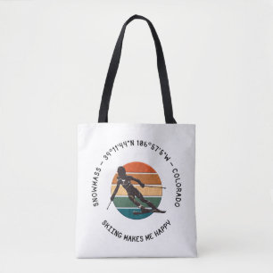 Ski Snowmass, Colorado - Woman Skier, Black Text Tote Bag