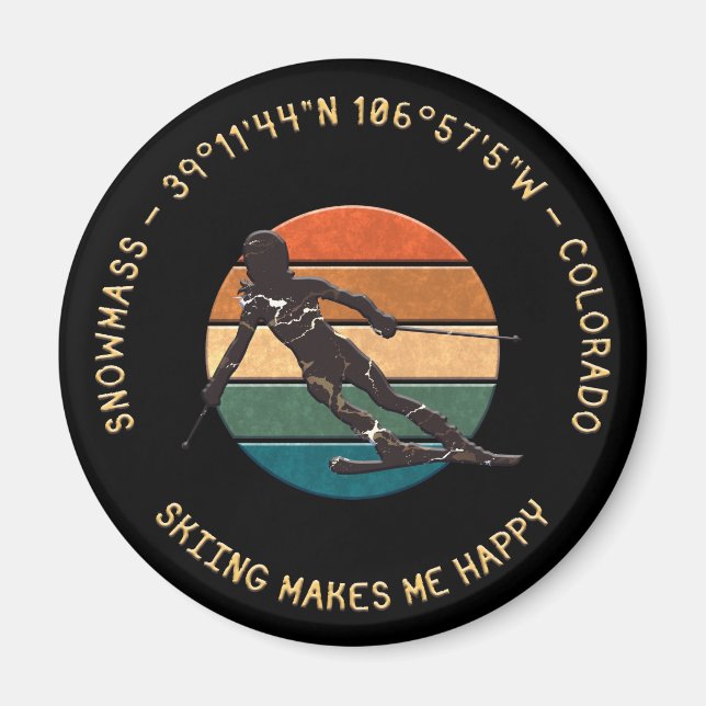 Ski Snowmass, Colorado - Woman Skier, Yellow Text Magnet (Front)