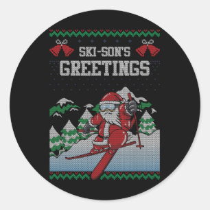 Ski-sons Greetings Santa Claus Skiing Ugly Christm Classic Round Sticker