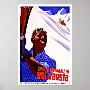 Ski Sports in Aosta Valley Italy Vintage Travel Poster