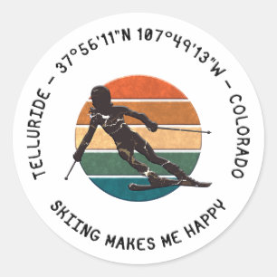 Ski Telluride, Colorado - Woman Skier, Black Text Classic Round Sticker