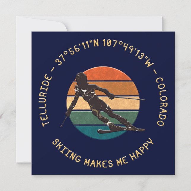 Ski Telluride, Colorado - Woman Skier, Golden Text Holiday Card (Front)