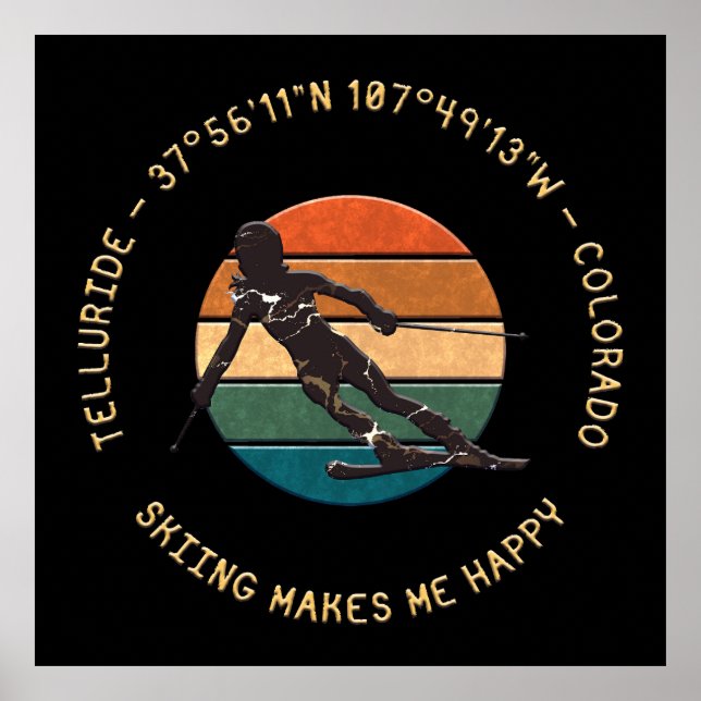 Ski Telluride, Colorado - Woman Skier, Yellow Text Poster (Front)