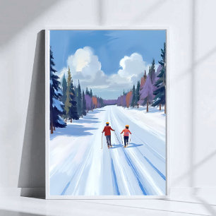 Ski Trail   Mountain Skiing Watercolor Winter Poster