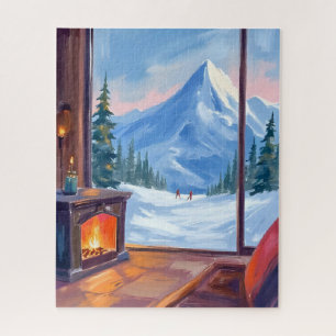 Ski Trip Mountain Lodge Watercolor Winter Jigsaw Puzzle