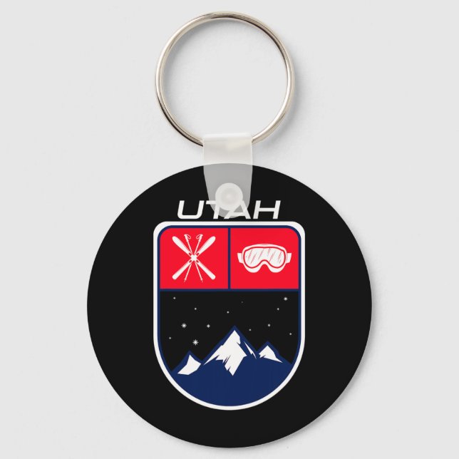 Ski Utah Mountain Skiing Trail Skier Goggle Pole J Key Ring (Front)