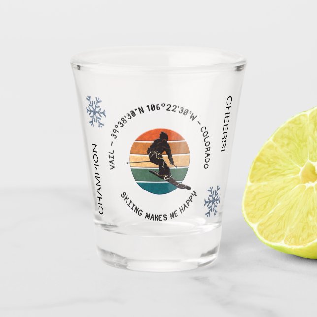 Ski Vail, Colorado - Man Skier, Black Text Shot Glass (Front)