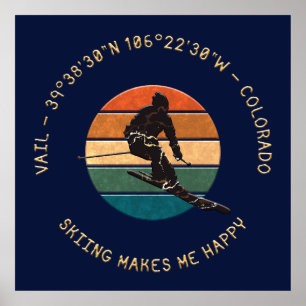 Ski Vail, Colorado - Man Skier Golden Text Poster