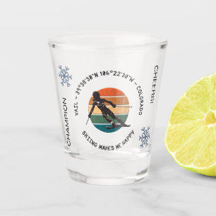 Ski Vail, Colorado - Woman  Skier, Black Text Shot Glass
