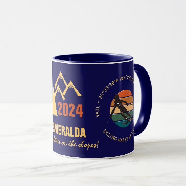 Ski Vail, Colorado - Woman Skier,  Golden Text Mug (Front Right)