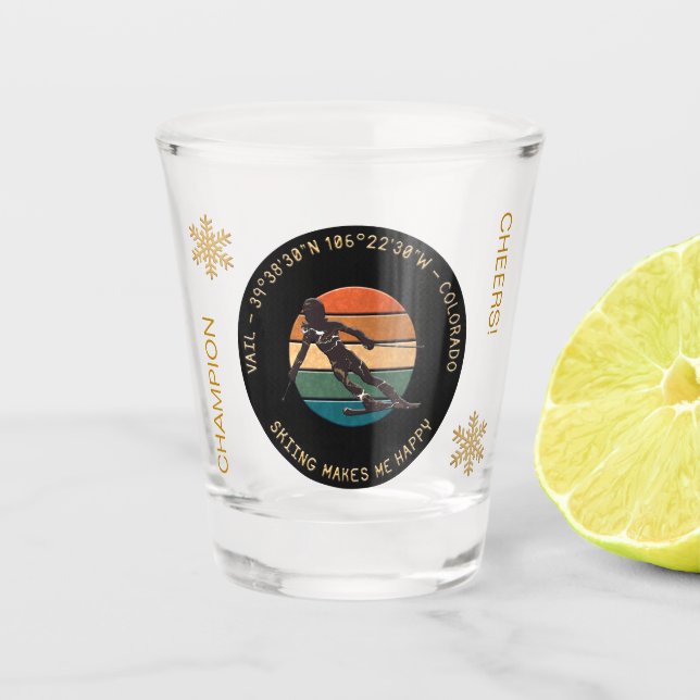 Ski Vail, Colorado - Woman Skier, Golden Text Shot Glass (Front)