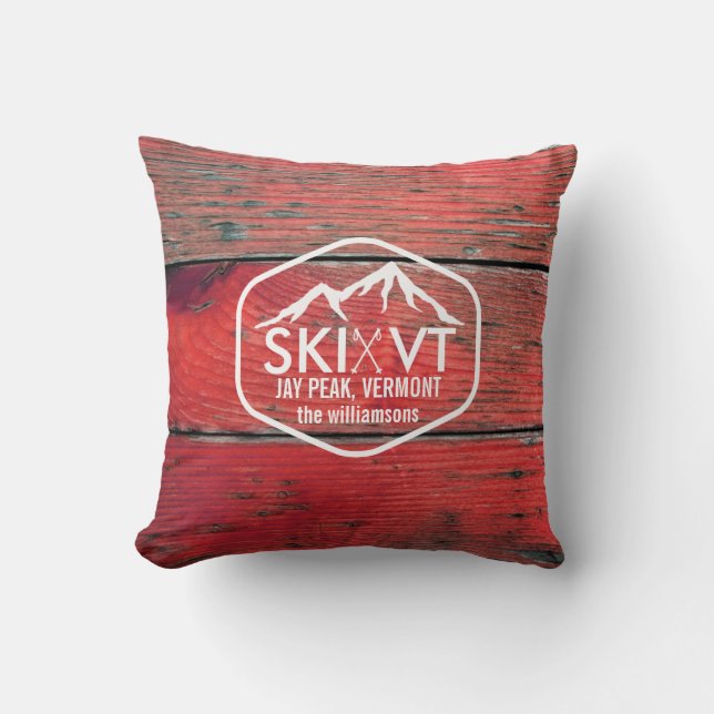 Ski Vermont Jay Peak Rustic Red Barnwood Cushion (Front)