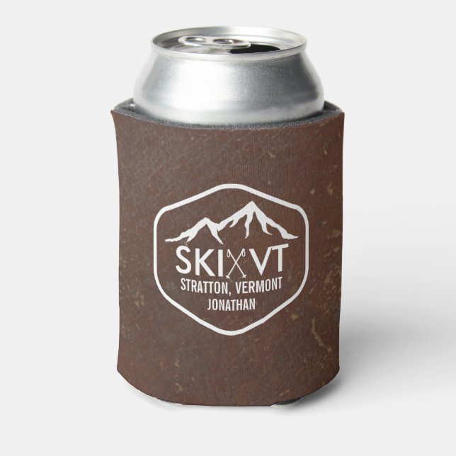 Ski Vermont Stratton Stowe Killington Faux Leather Can Cooler (Can Back)
