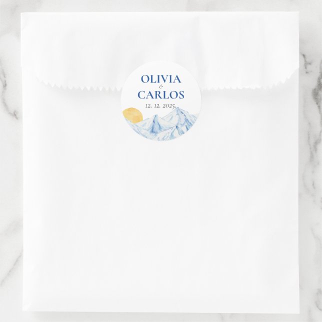 Ski Wedding Watercolor Mountain Landscape Classic Round Sticker (Bag)