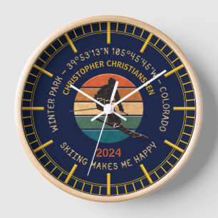 Ski Winter Park, Colorado - Man Skier Golden Text Clock
