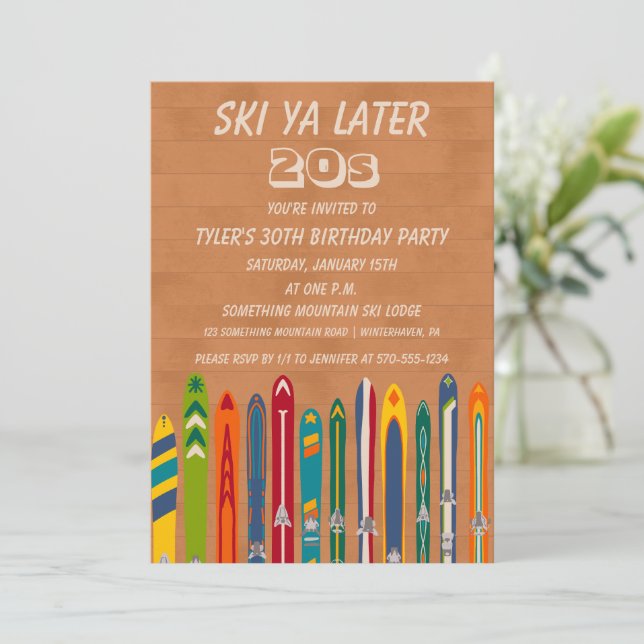 Ski Ya Later Any Decade Retro Skiing Birthday Invitation (Standing Front)