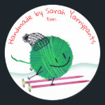 Ski yarn knitting needles Christmas sticker<br><div class="desc">Cheery,  cute ball of yarn on knitting needle skis,  wearing a knitted hat,  perfect "handmade with love" sticker for knitters for gifting handmade wearables.</div>