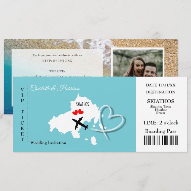 Skiathos Wedding Destination Ticket Boarding Pass Invitation (Front/Back)