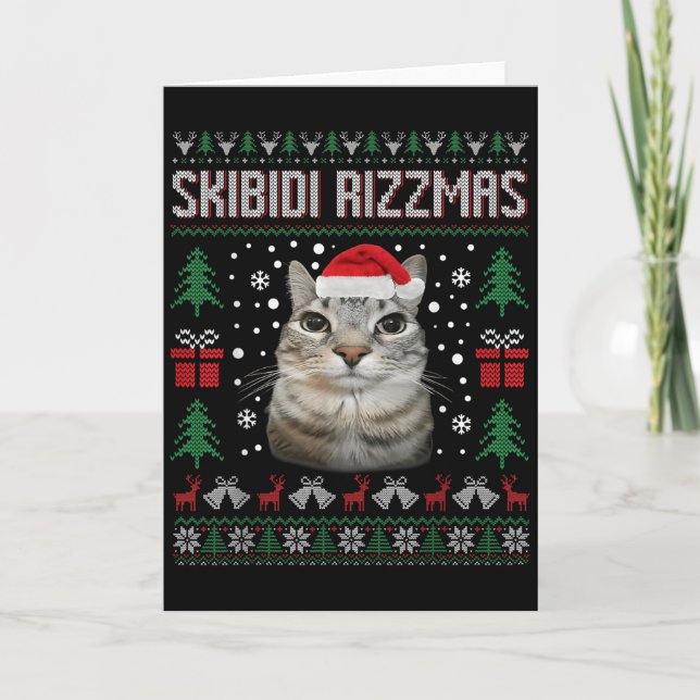 Skibidi Rizzmas Funny Silly Staring Cat Ugly Sweat Card (Front)