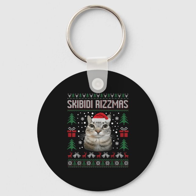 Skibidi Rizzmas Funny Silly Staring Cat Ugly Sweat Key Ring (Front)