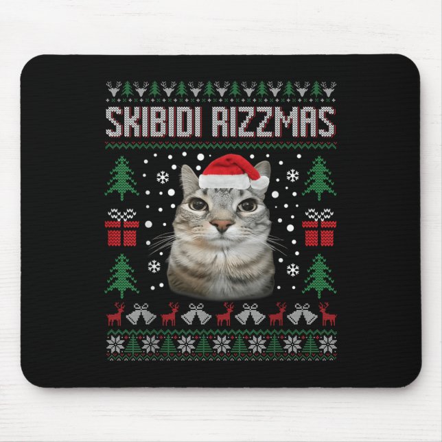 Skibidi Rizzmas Funny Silly Staring Cat Ugly Sweat Mouse Mat (Front)