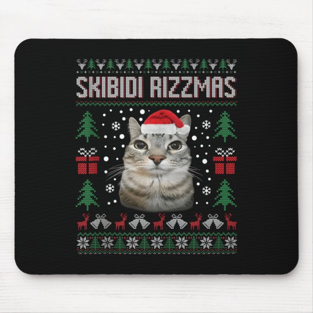 Skibidi Rizzmas Funny Silly Staring Cat Ugly Sweat Mouse Mat (Front)