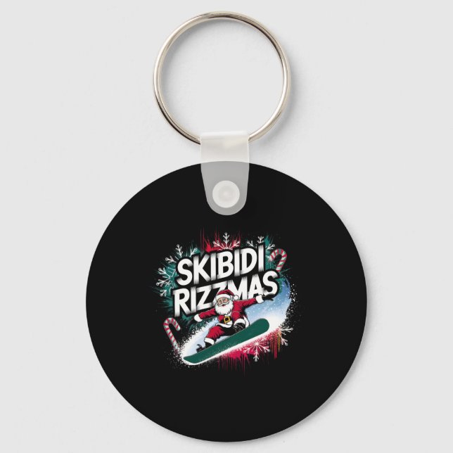 Skibidi Rizzmas Snowboarding Santa Funny Christmas Key Ring (Front)