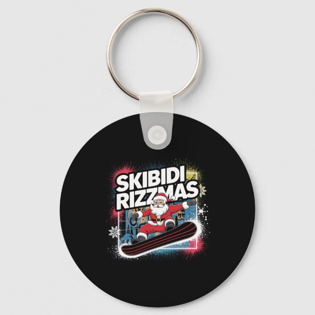 Skibidi Rizzmas Snowboarding Santa Funny Xmas Chri Key Ring (Front)