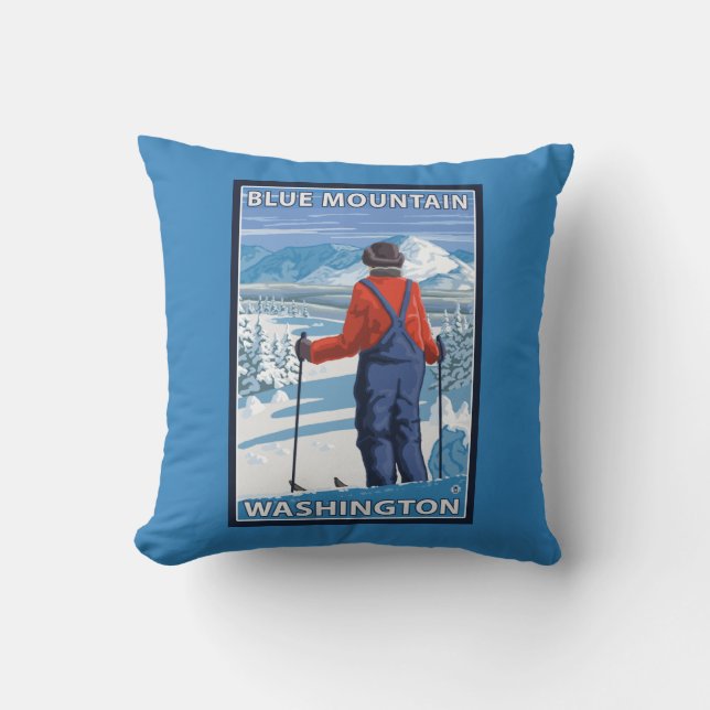 Skier Admiring - Blue Mountain, Washington Cushion (Front)