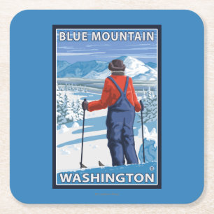 Skier Admiring - Blue Mountain, Washington Square Paper Coaster