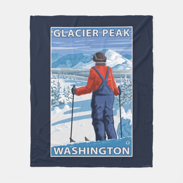 Skier Admiring - Glacier Peak, Washington Fleece Blanket (Front)