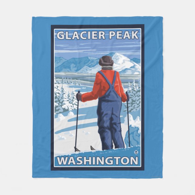 Skier Admiring - Glacier Peak, Washington Fleece Blanket (Front)