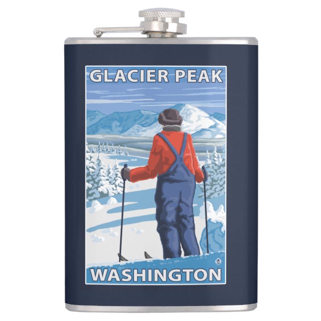 Skier Admiring - Glacier Peak, Washington Hip Flask (Front)