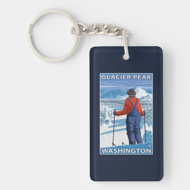 Skier Admiring - Glacier Peak, Washington Key Ring (Front)