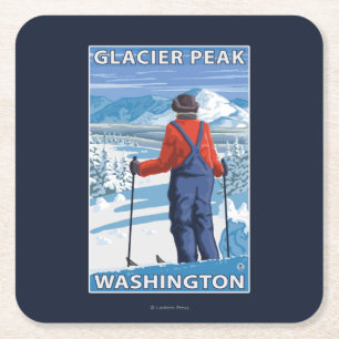 Skier Admiring - Glacier Peak, Washington Square Paper Coaster