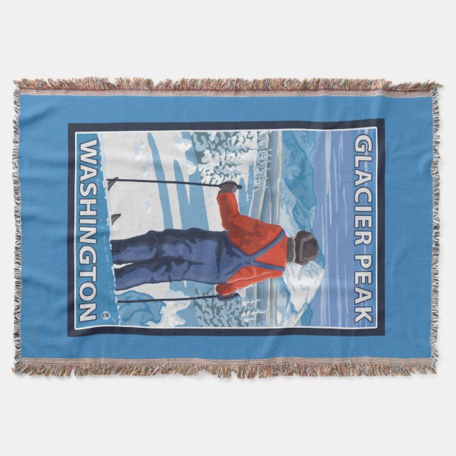 Skier Admiring - Glacier Peak, Washington Throw Blanket (Front)