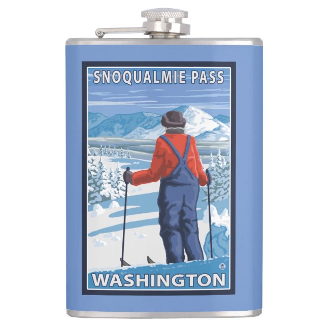Skier Admiring - Snoqualmie Pass, Washington Hip Flask (Front)