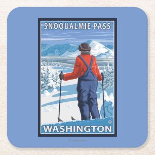 Skier Admiring - Snoqualmie Pass, Washington Square Paper Coaster