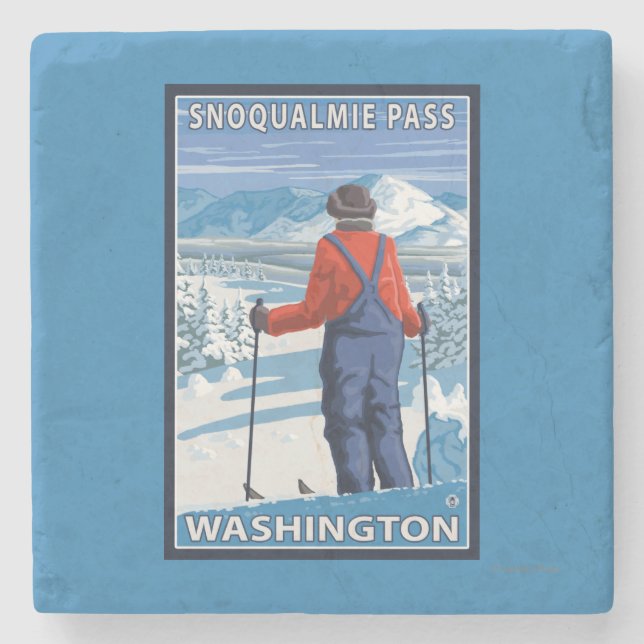 Skier Admiring - Snoqualmie Pass, Washington Stone Coaster (Front)